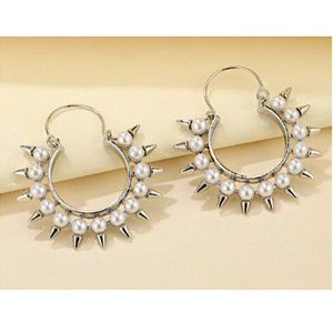 NEW~ Anthropologie Spiked Pearl Silver Hoop Earrings